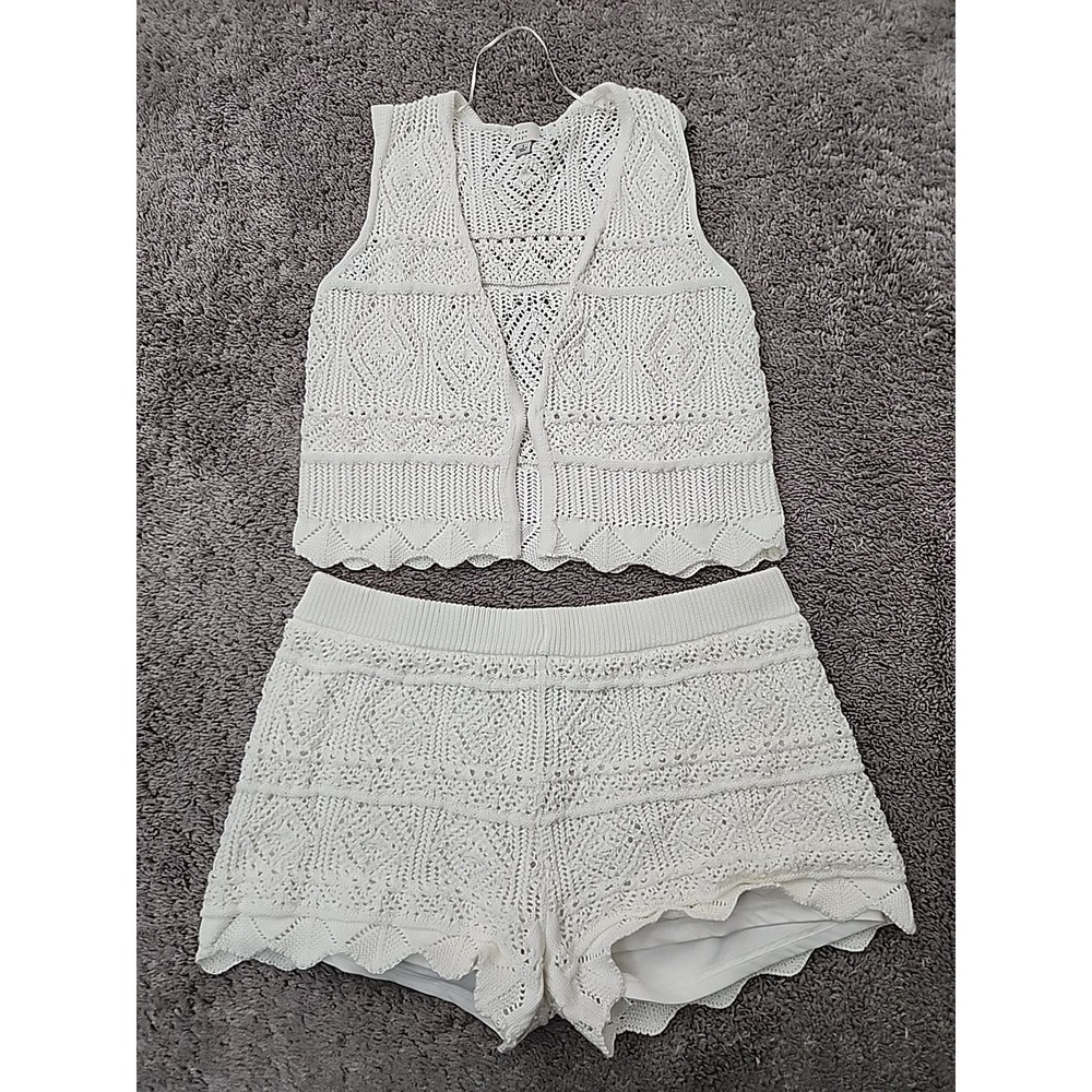 A New Day Crochet Knit Outfit Set Womens L Cream Vest & Shorts Bohemian Summer